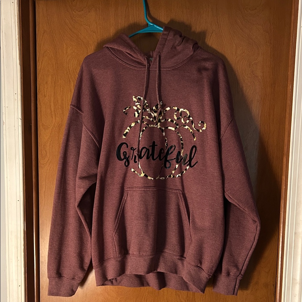 Fall Pumpkin Leopard Grateful Burgundy Hoodie Sweatshirt Large